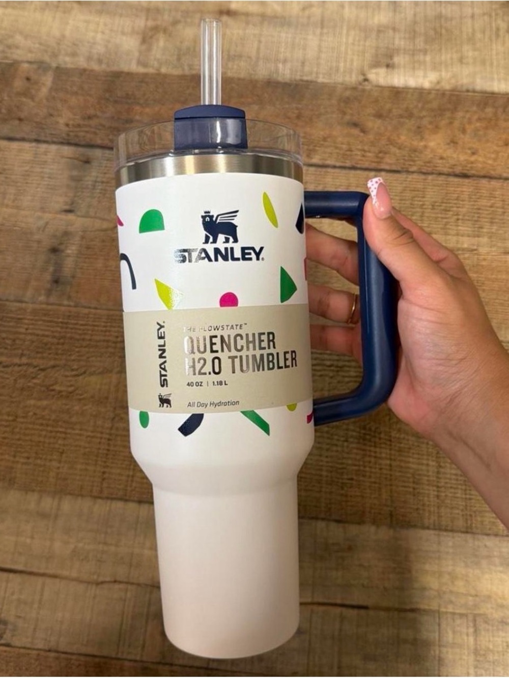 Stanley White Quencher Tumbler with Navy Handle and Colorful Accents